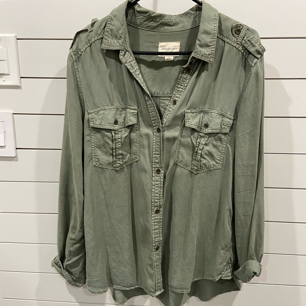 American Eagle Army Green Boyfriend Button Shirt